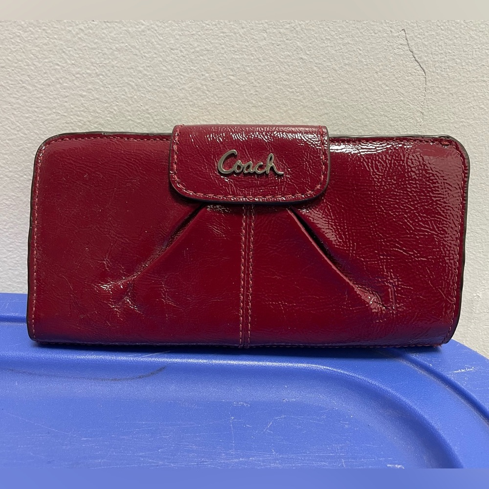 Rare Limited Edition Coach Ashley Patent Dark Cherry Red Button Snap Wallet